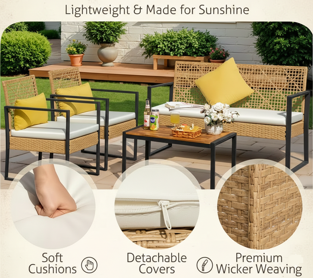4Pcs Outdoor Patio Furniture Set – Rattan Wicker Sofa - Multiple Styles