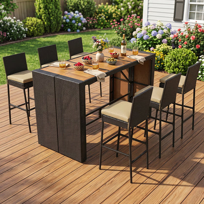 7-Piece Outdoor Wicker Bar Set with Acacia Wood Table & Stools