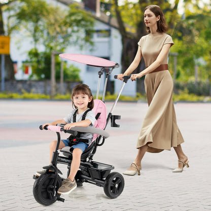 7-in-1 Baby Stroller Tricycle with Adjustable Canopy and Foldable Footrests for Ages 9-60 Months Old