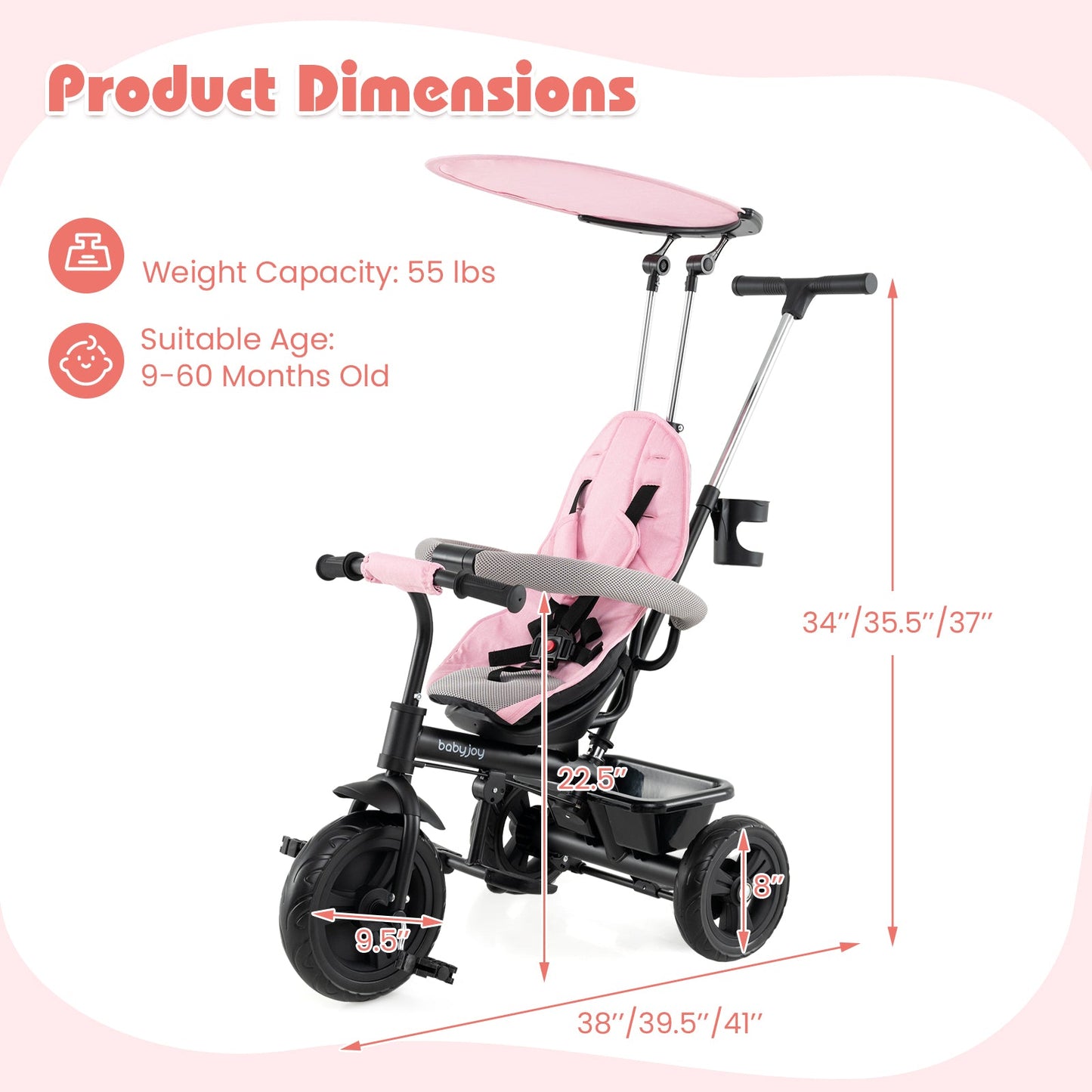7-in-1 Baby Stroller Tricycle with Adjustable Canopy and Foldable Footrests for Ages 9-60 Months Old