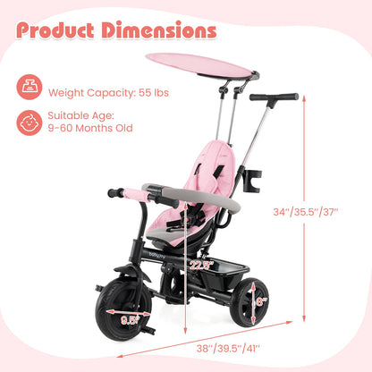 7-in-1 Baby Stroller Tricycle with Adjustable Canopy and Foldable Footrests for Ages 9-60 Months Old