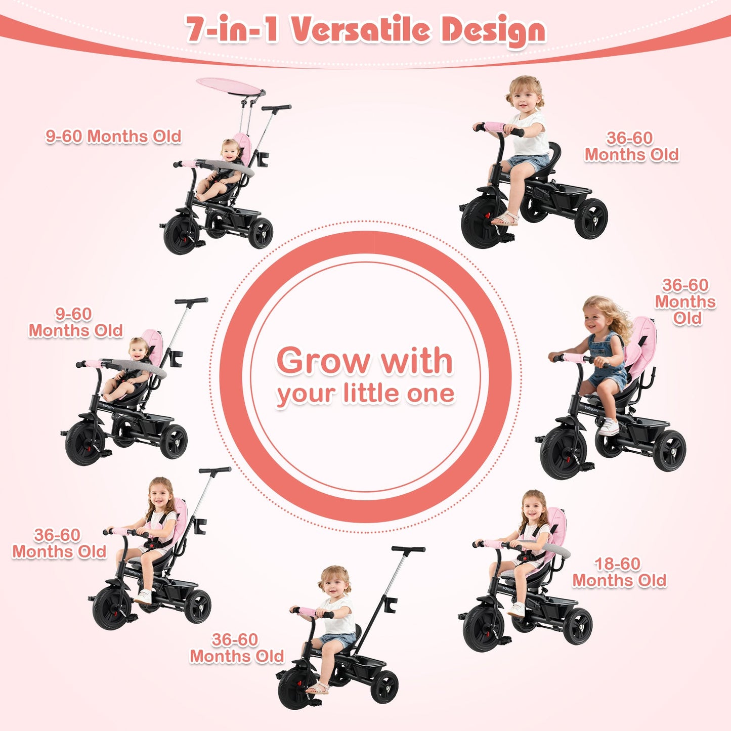 7-in-1 Baby Stroller Tricycle with Adjustable Canopy and Foldable Footrests for Ages 9-60 Months Old