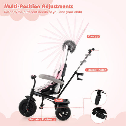 7-in-1 Baby Stroller Tricycle with Adjustable Canopy and Foldable Footrests for Ages 9-60 Months Old