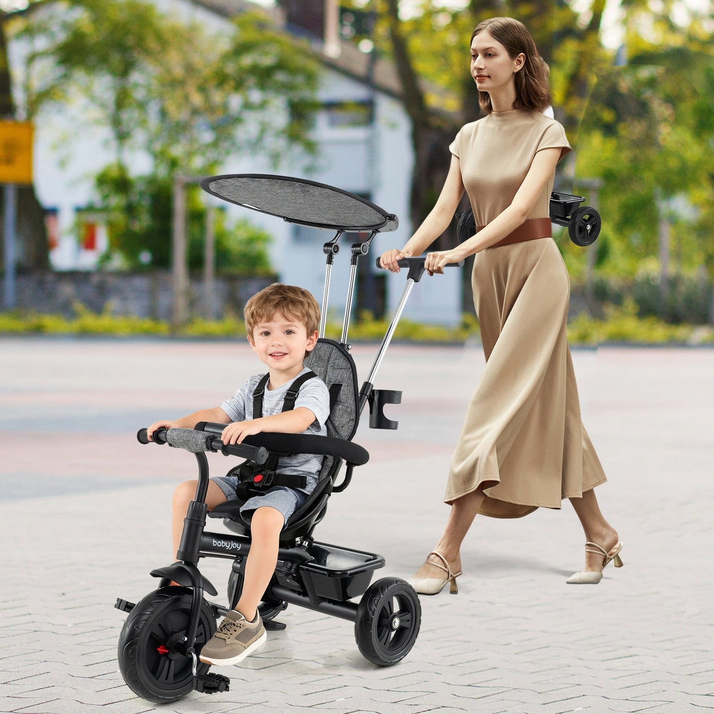 7-in-1 Baby Stroller Tricycle with Adjustable Canopy and Foldable Footrests for Ages 9-60 Months Old