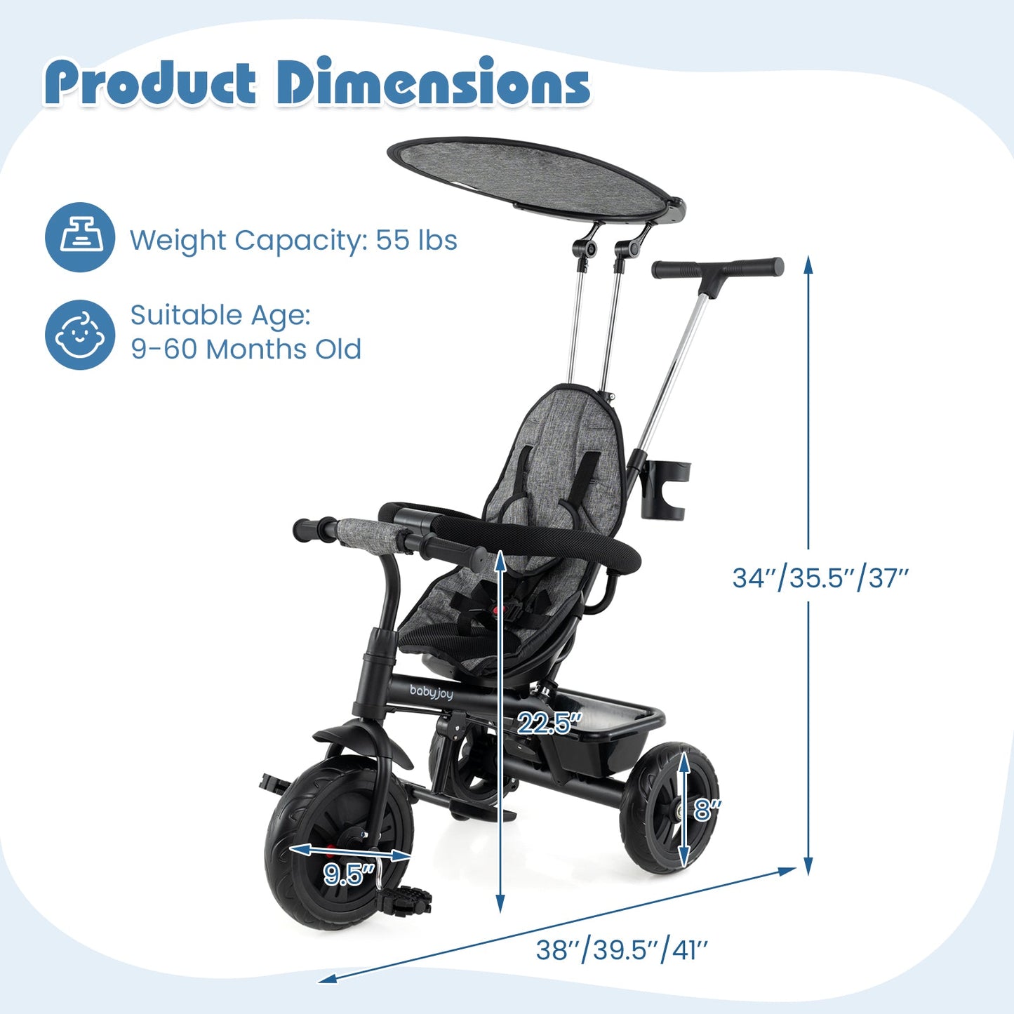 7-in-1 Baby Stroller Tricycle with Adjustable Canopy and Foldable Footrests for Ages 9-60 Months Old