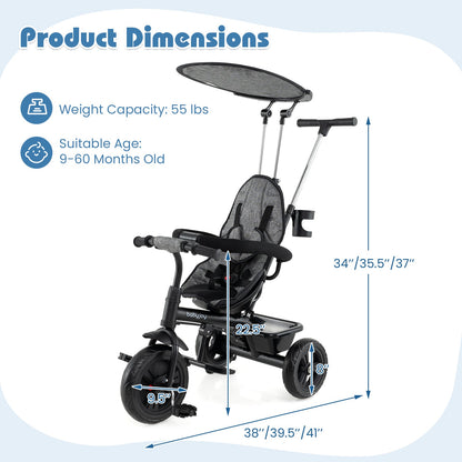 7-in-1 Baby Stroller Tricycle with Adjustable Canopy and Foldable Footrests for Ages 9-60 Months Old