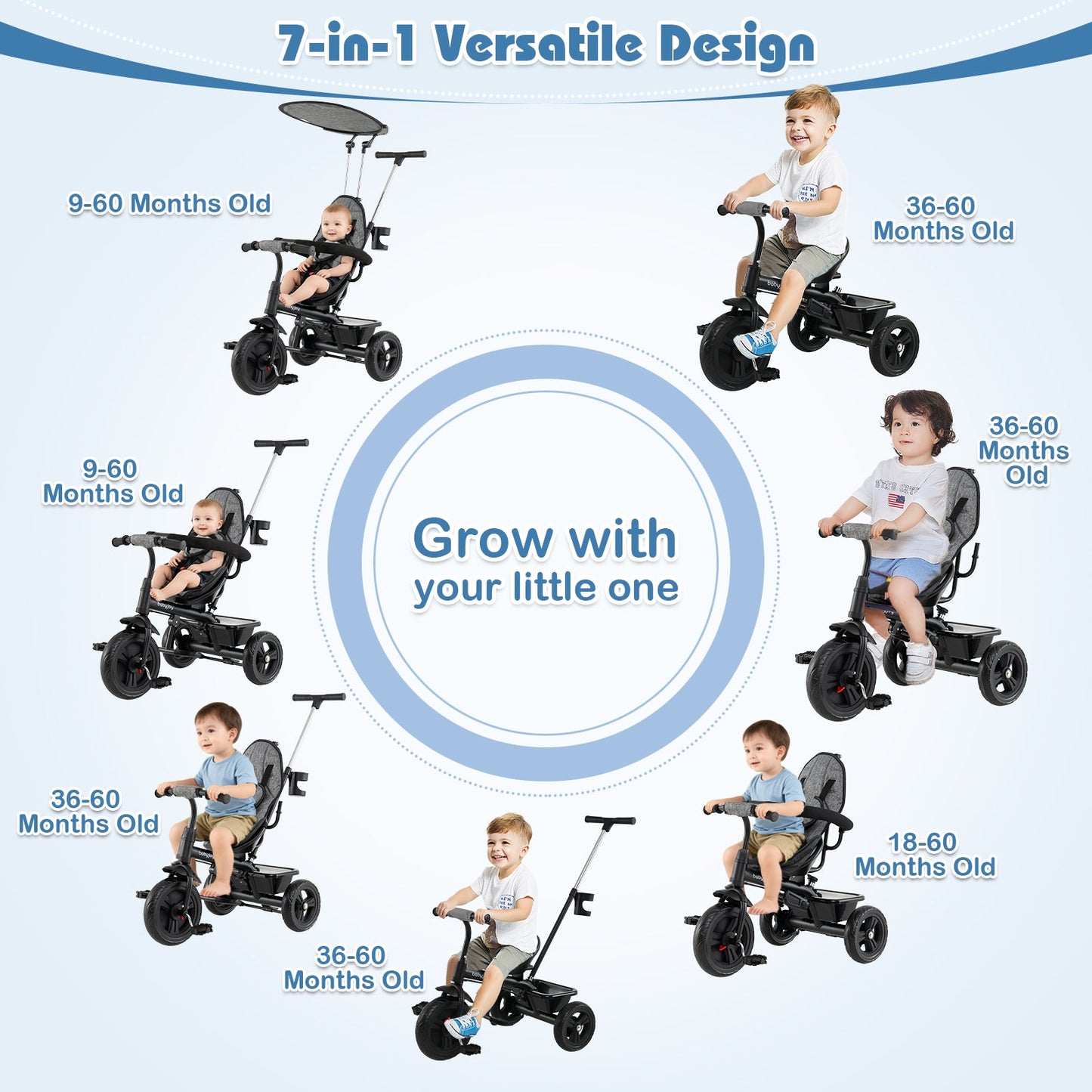 7-in-1 Baby Stroller Tricycle with Adjustable Canopy and Foldable Footrests for Ages 9-60 Months Old