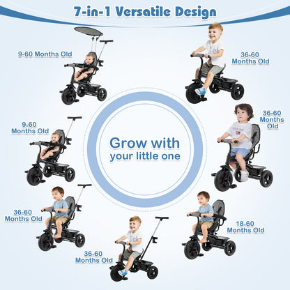 7-in-1 Baby Stroller Tricycle with Adjustable Canopy and Foldable Footrests for Ages 9-60 Months Old