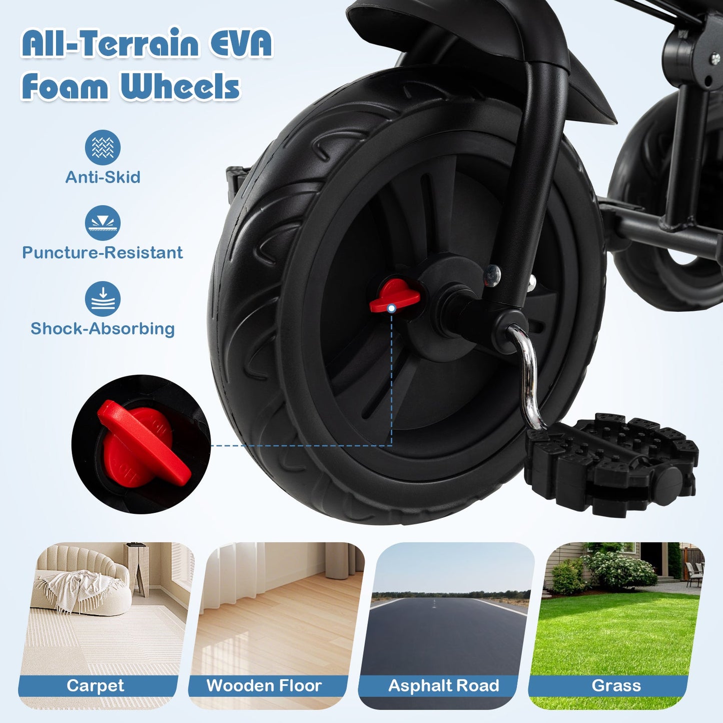 7-in-1 Baby Stroller Tricycle with Adjustable Canopy and Foldable Footrests for Ages 9-60 Months Old
