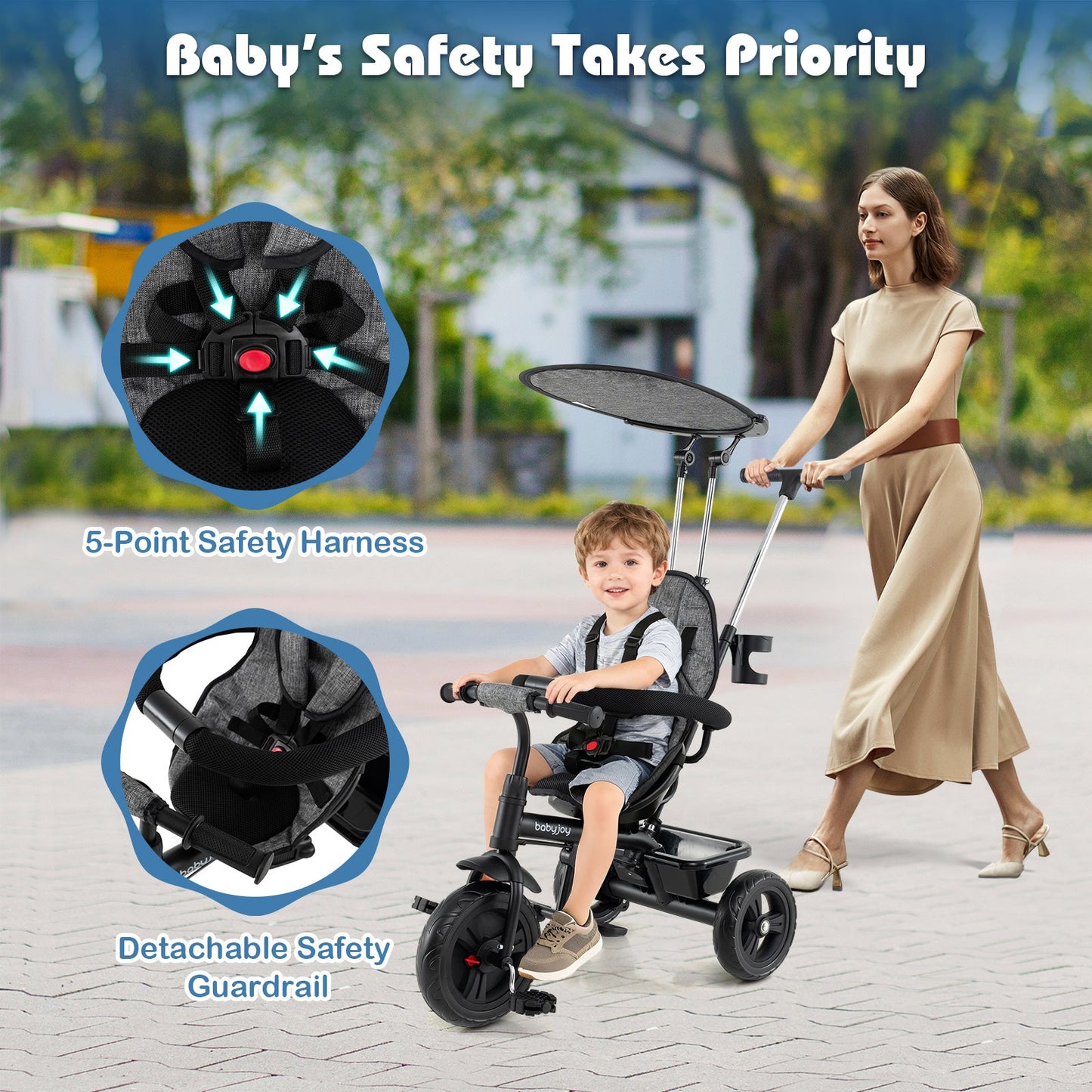 7-in-1 Baby Stroller Tricycle with Adjustable Canopy and Foldable Footrests for Ages 9-60 Months Old