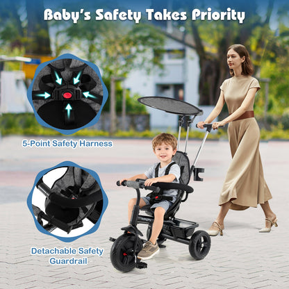 7-in-1 Baby Stroller Tricycle with Adjustable Canopy and Foldable Footrests for Ages 9-60 Months Old