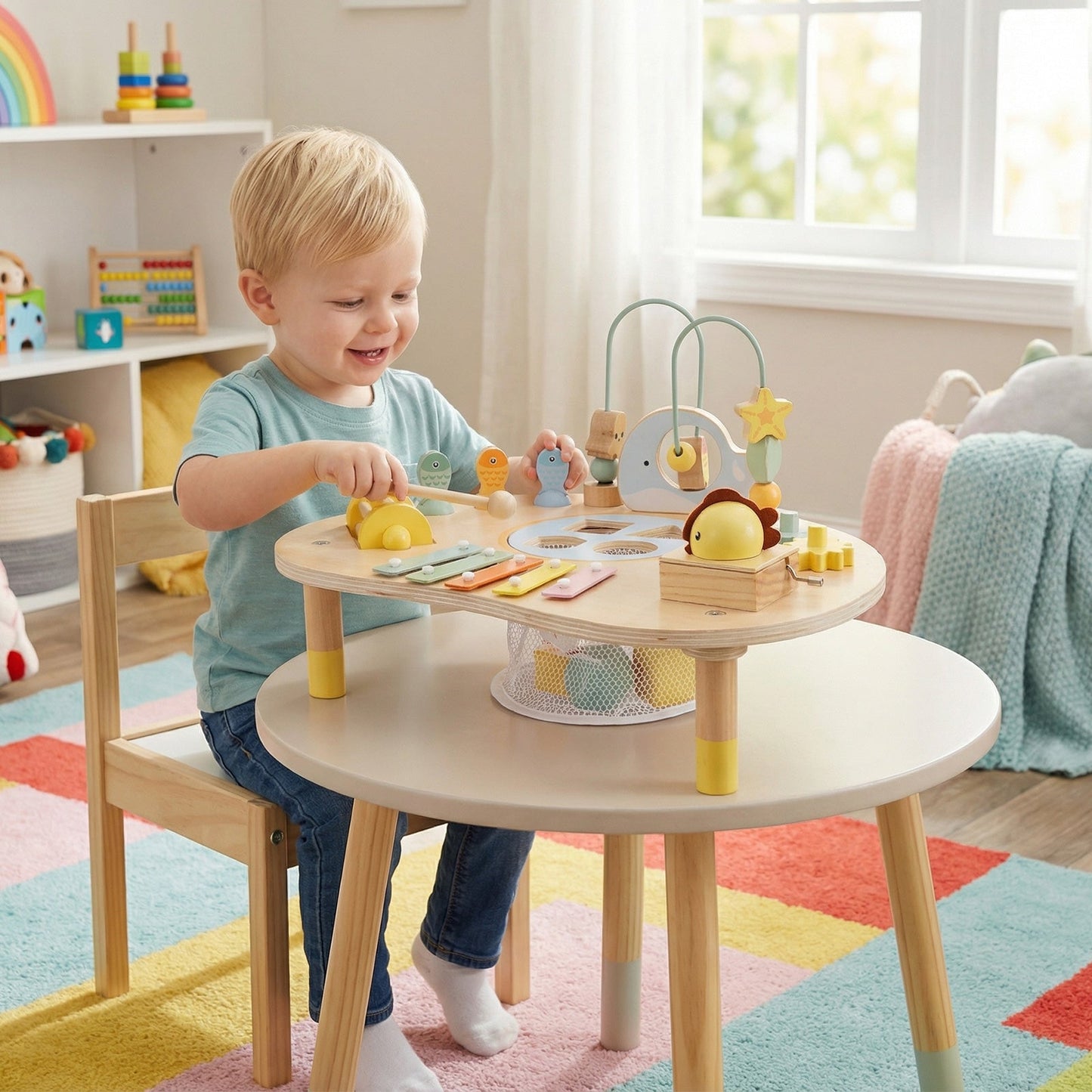 7-in-1 Toddler Activity Table Montessori Sensory Toy for 12 Month+ Wooden Musical Play Table
