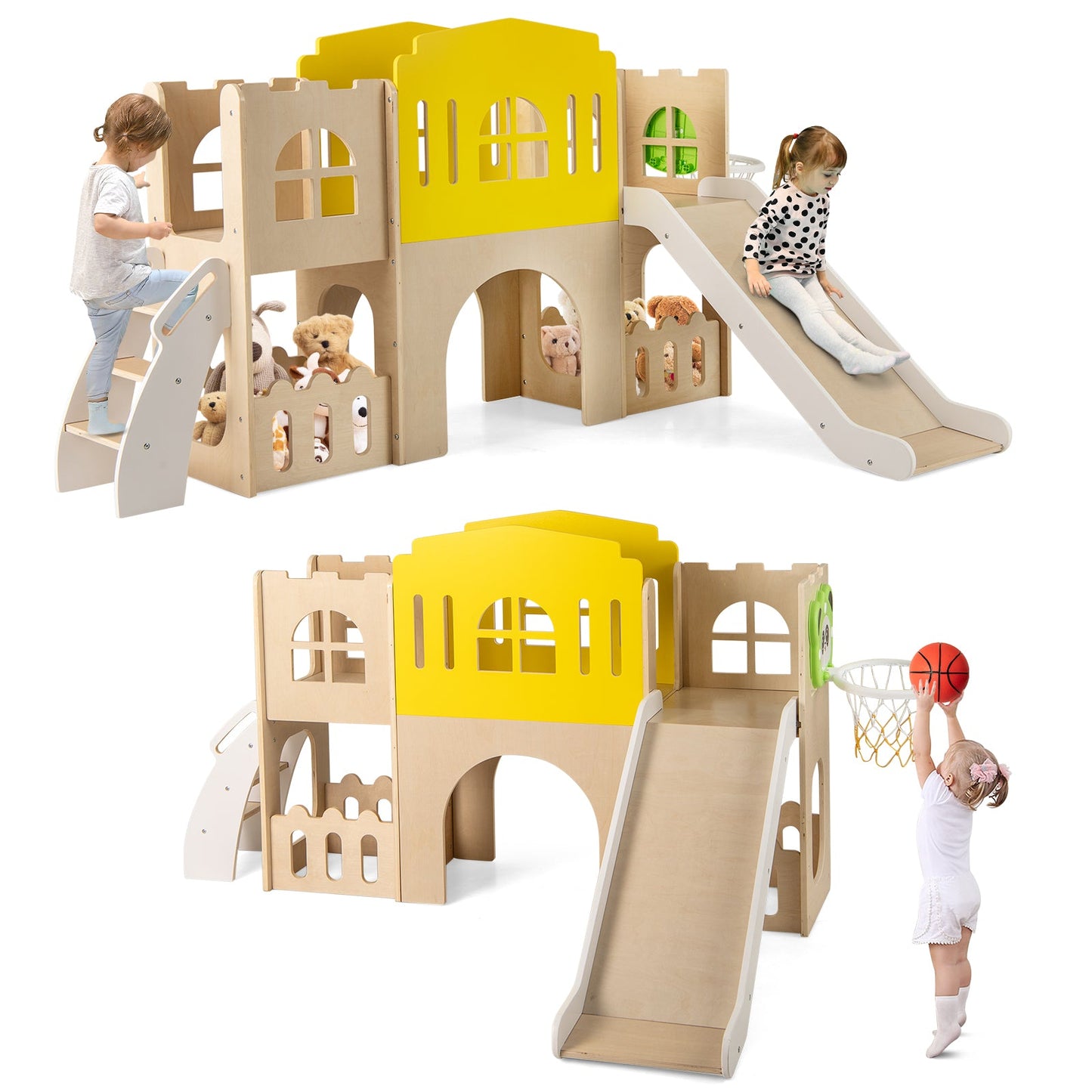 7-in-1 Toddler Slide Set for Kids with Climber and Basketball Hoop-Multicolor
