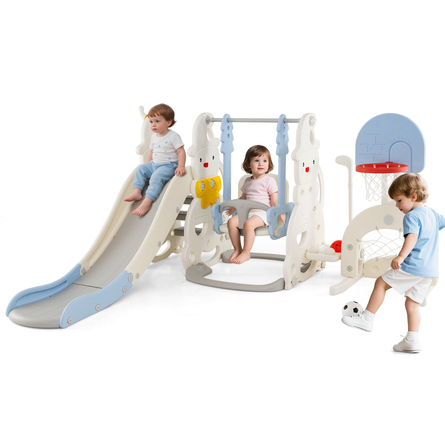 7 in 1 Toddler Slide and Swing Set with Height Adjustable Swing and Basketball Hoop