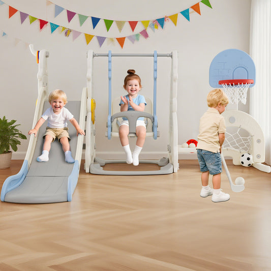 7 in 1 Toddler Slide and Swing Set with Height Adjustable Swing and Basketball Hoop