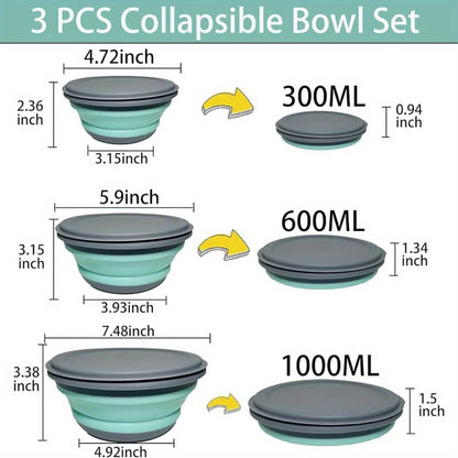 3 Foldable Silicone Camping Bowls with Lids – Blue & Pink