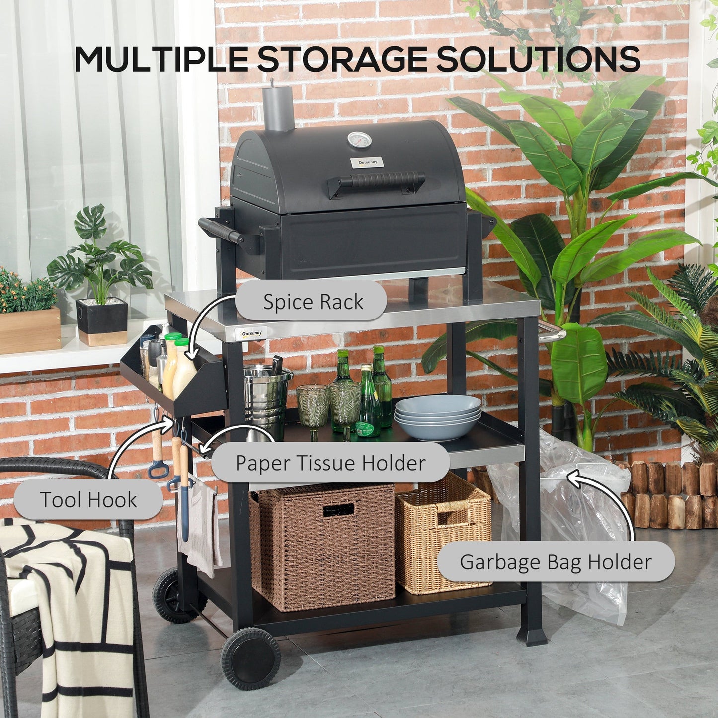 Outsunny Three-Shelf Outdoor Grill Cart with Stainless Steel Tabletop