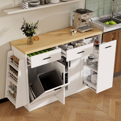 Kitchen Sideboard With Sliding Door Cabinet, 3 Tier Spice Rack