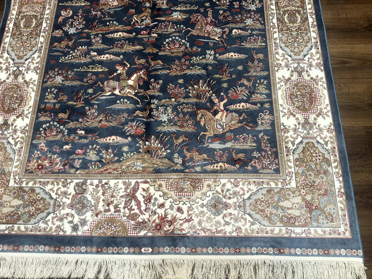 Turkish Silk Rug 5x8, Hunting Design, Animal Pictorials, Steel Blue & Ivory, Bamboo Silk