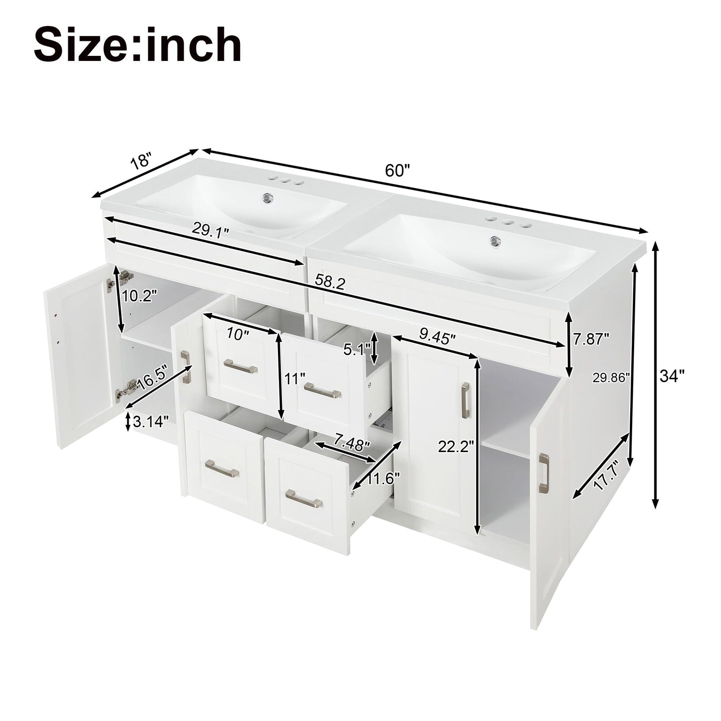 Bathroom Vanity With 2 Doors, 2 Drawers, Adjustable Shelf, Hidden Slides & Soft Close Hinges