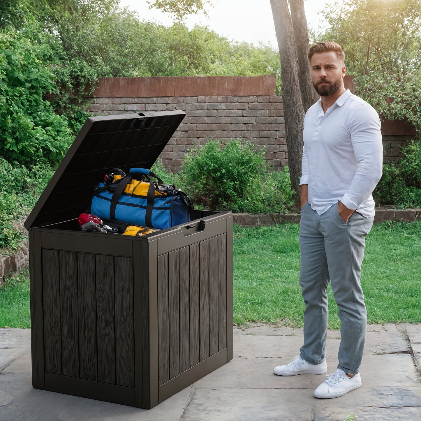 35 Gallon Outdoor Resin Storage Box – Black/Wood Grain
