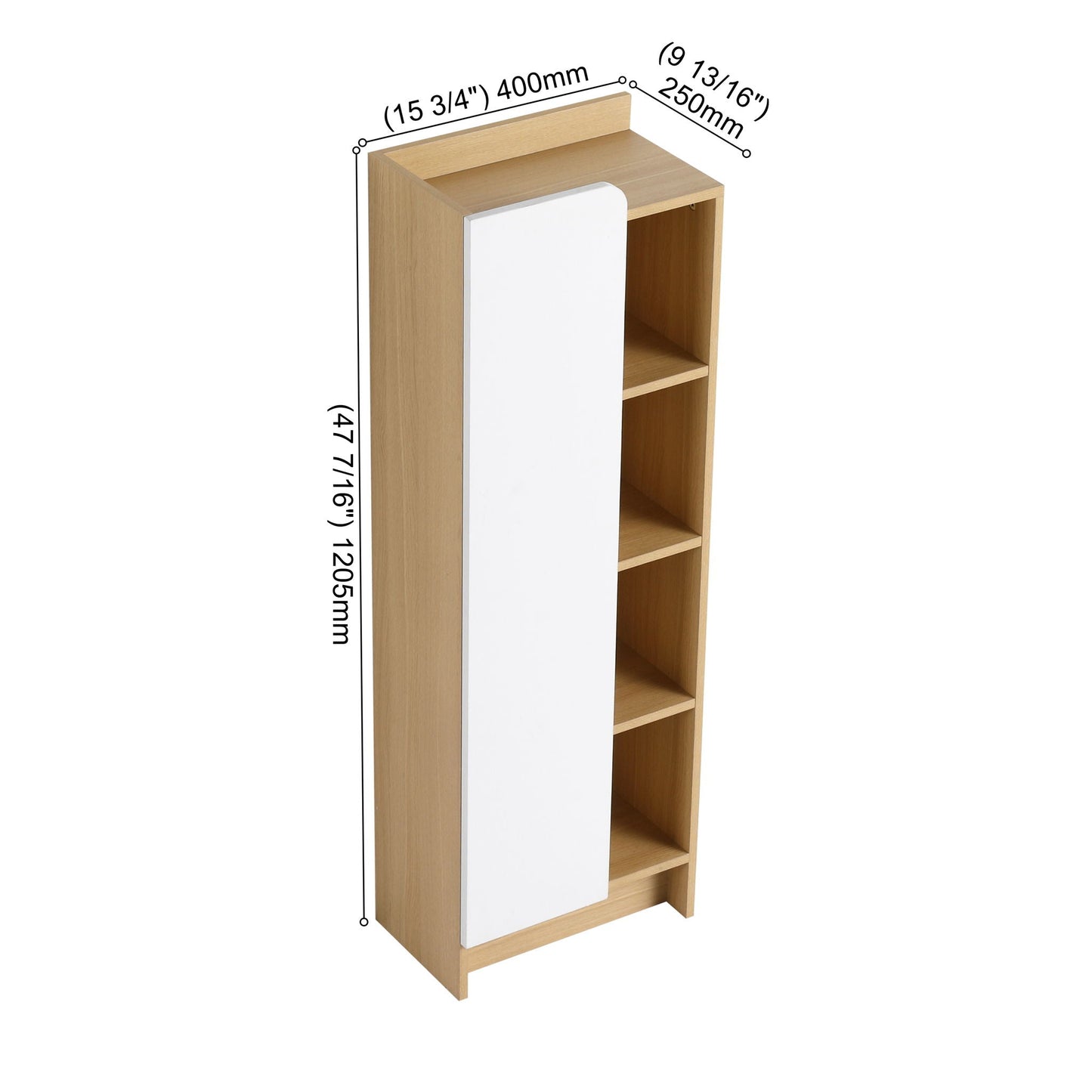 Tall Freestanding Bathroom Side Cabinet With Single Door & 4 Tier Open Shelves - Black / Light Oak / White