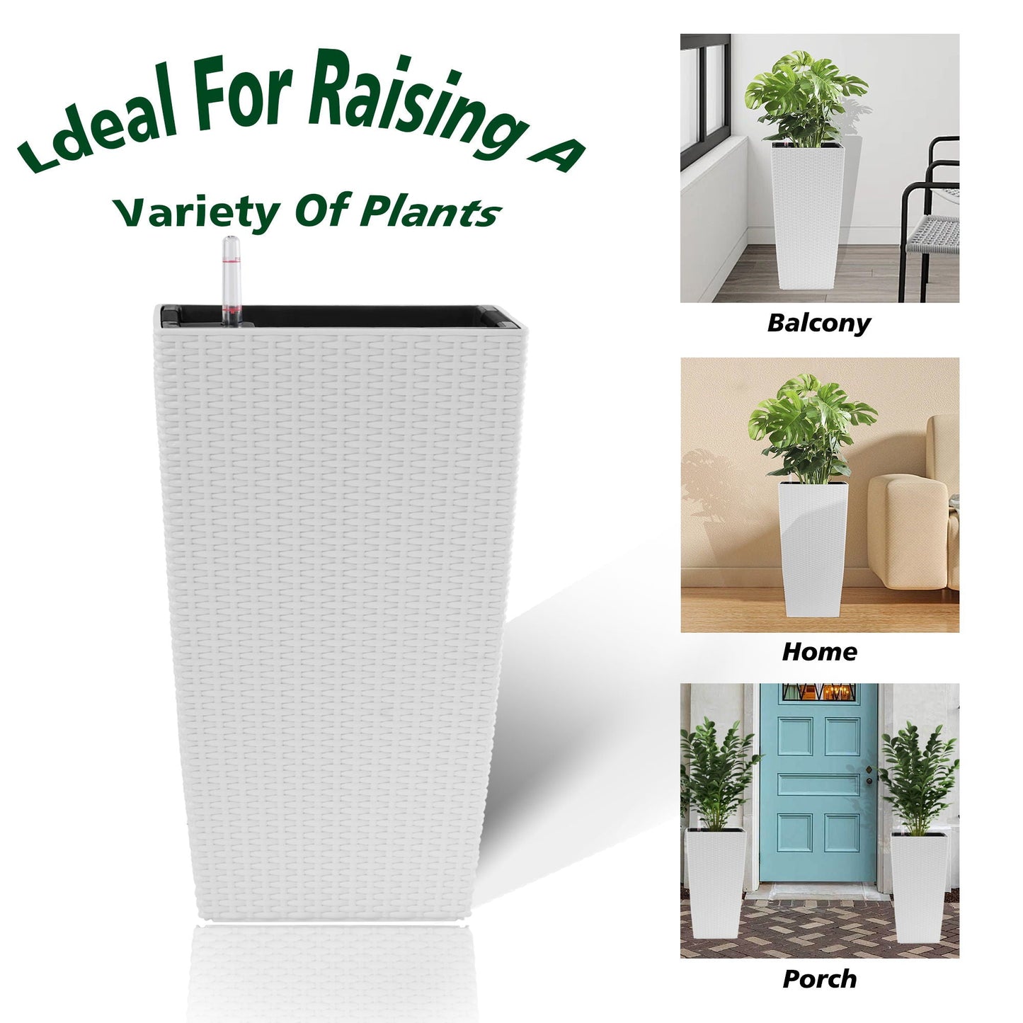 Square Large Planter With Automatic Watering System For Home And Garden (Set of 2) - White