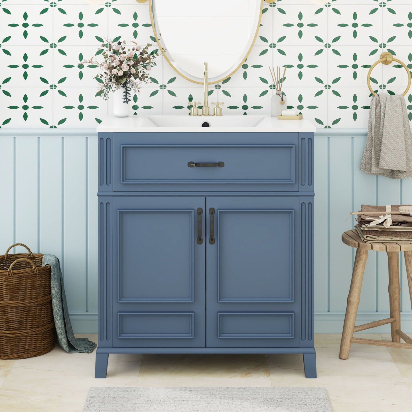 Bathroom Vanity With Sink Storage Cabinet - Blue
