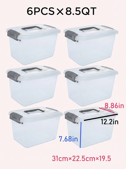 6PCS 8.5 Qt Clear Plastic Storage Boxes Stackable w Lock Lid & Handle