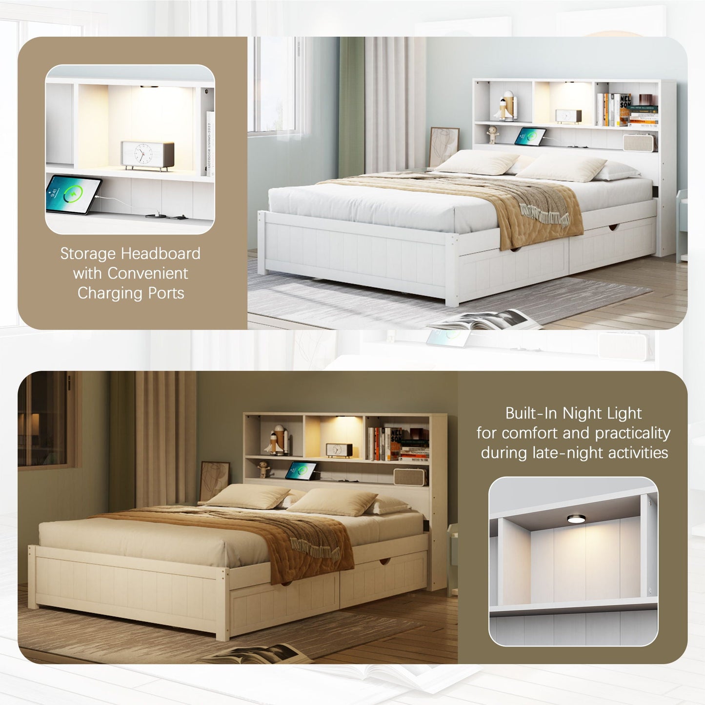Platform Bed With Bookcase Headboard, Built-In Downlight, Charging Station, And 2 Side Drawers