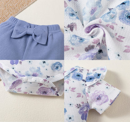 stylesilove Infant Baby Girls Floral Print Short Sleeve Bodysuit & Shorts & Headband 3pcs Set Spring Summer Romper Outfit