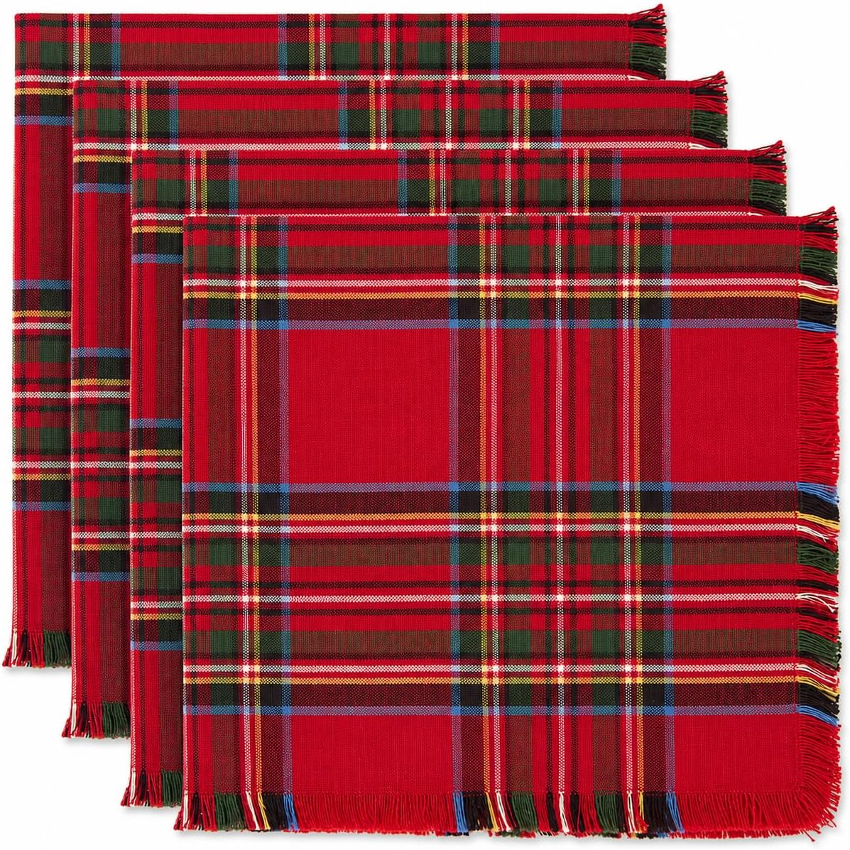Fennco Styles Christmas Tartan Cloth Napkins with Fringe 20" X 20", Set of 4 - Classic Red Plaid Cotton Holiday Table Napkins for Christmas Dinner, Winter Gatherings and Seasonal Entertaining