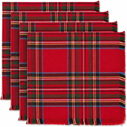 Fennco Styles Christmas Tartan Cloth Napkins with Fringe 20" X 20", Set of 4 - Classic Red Plaid Cotton Holiday Table Napkins for Christmas Dinner, Winter Gatherings and Seasonal Entertaining
