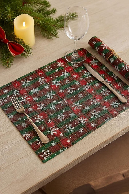 Fennco Styles Red & Green Tartan Plaid Snowflakes Holiday Placemats 13" X 18", Set of 4 - Modern Table Mats for Christmas Décor, and Winter Festivals