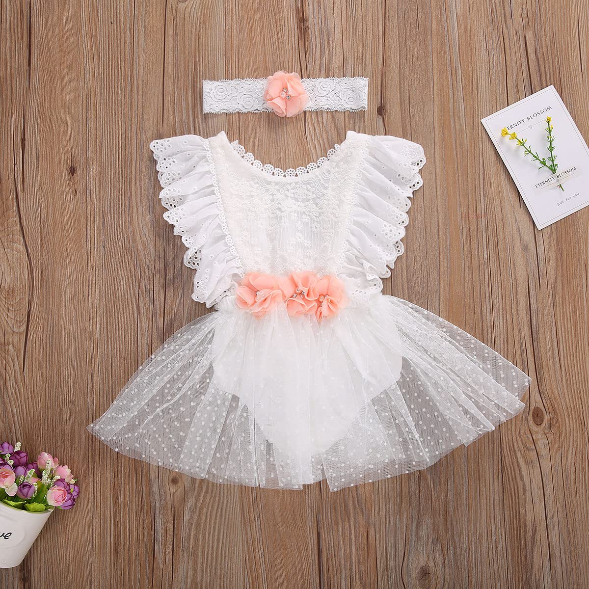 stylesilove Baby Girls Elegant White Lace Eyelet Flower Tulle Romper & Headband 2pcs Flower Girl Tutu Dress Outfit