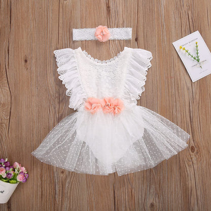 stylesilove Baby Girls Elegant White Lace Eyelet Flower Tulle Romper & Headband 2pcs Flower Girl Tutu Dress Outfit