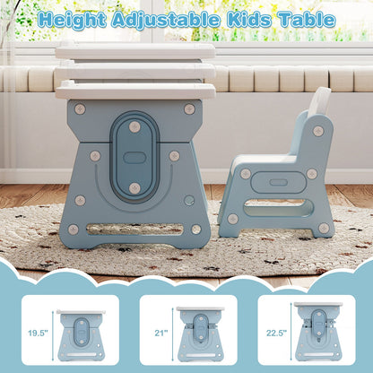 Height Adjustable Kids Table and Chair Set with Tiltable Whiteboard and Concave Shelf