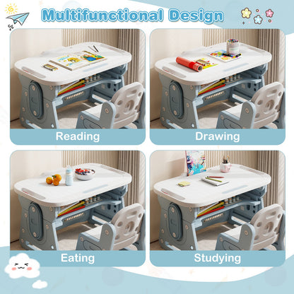 Height Adjustable Kids Table and Chair Set with Tiltable Whiteboard and Concave Shelf