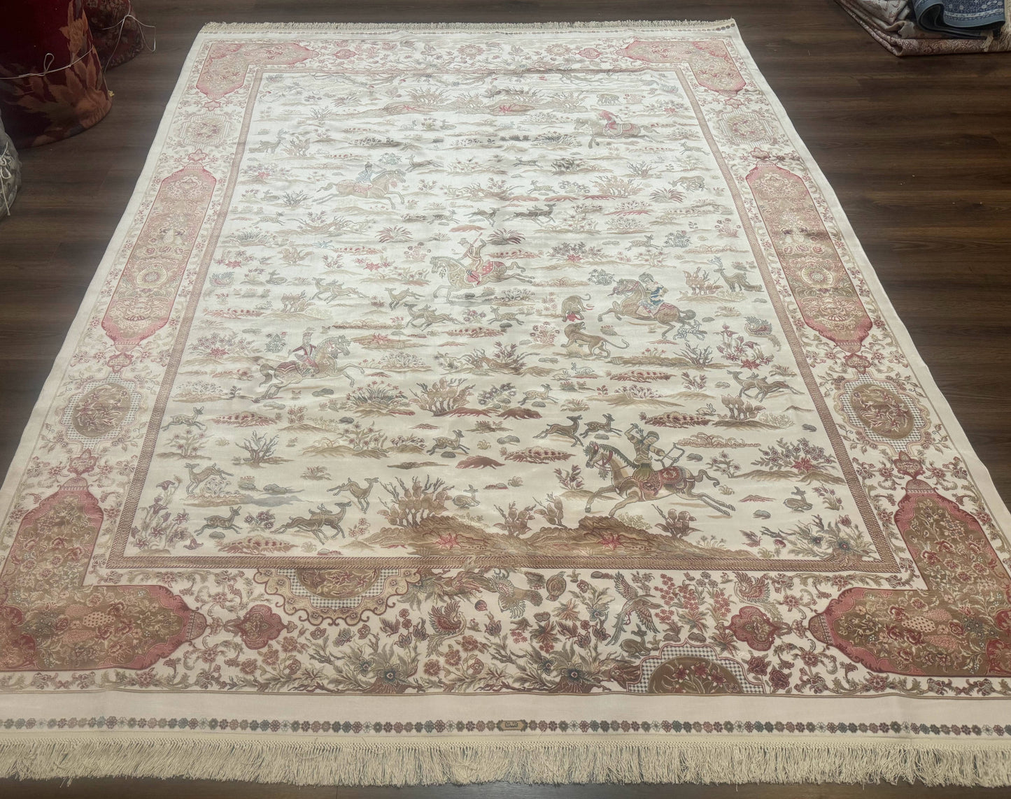 Large Turkish Silk Rug 8x10, Ivory, Hunting Design, Bamboo Silk, New