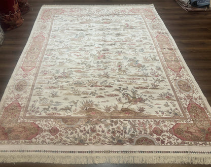 Large Turkish Silk Rug 8x10, Ivory, Hunting Design, Bamboo Silk, New