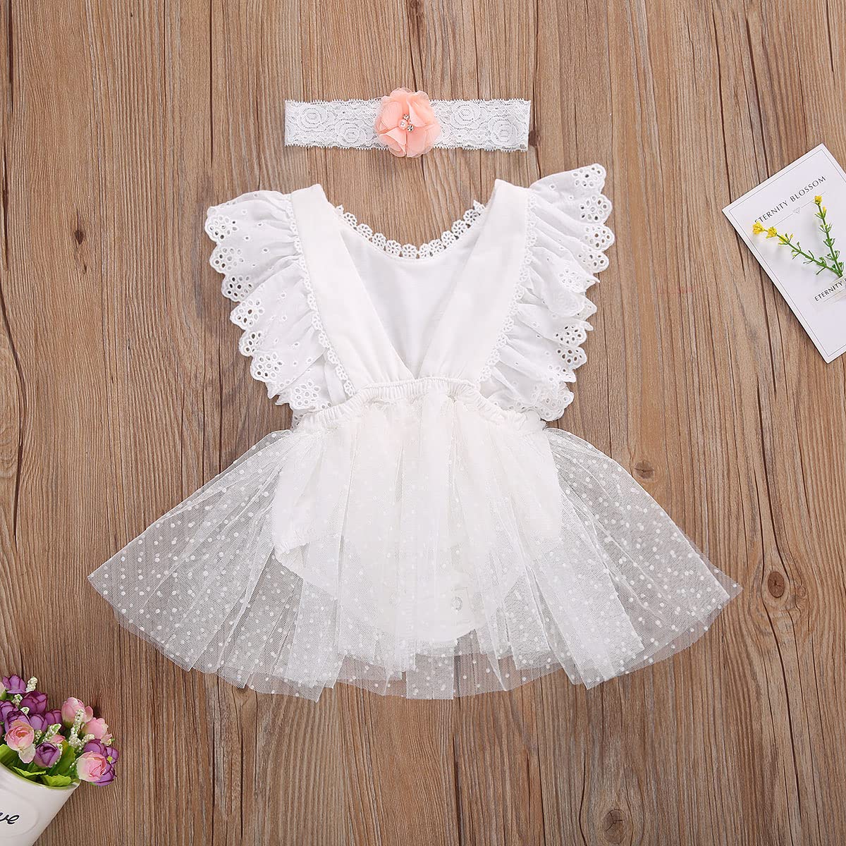stylesilove Baby Girls Elegant White Lace Eyelet Flower Tulle Romper & Headband 2pcs Flower Girl Tutu Dress Outfit