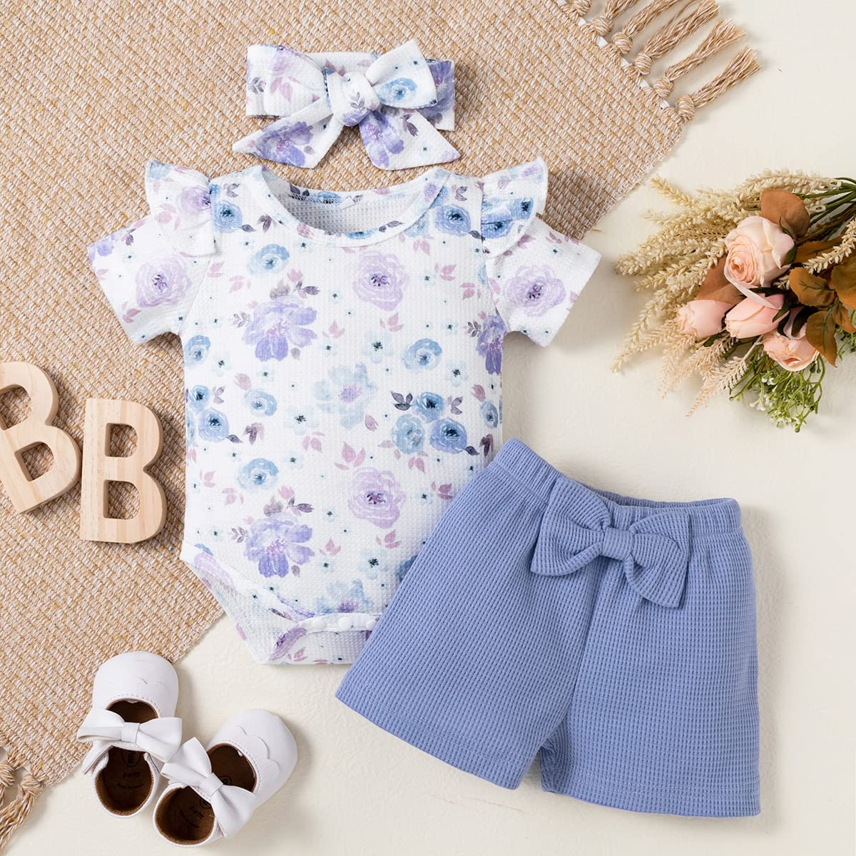 stylesilove Infant Baby Girls Floral Print Short Sleeve Bodysuit & Shorts & Headband 3pcs Set Spring Summer Romper Outfit