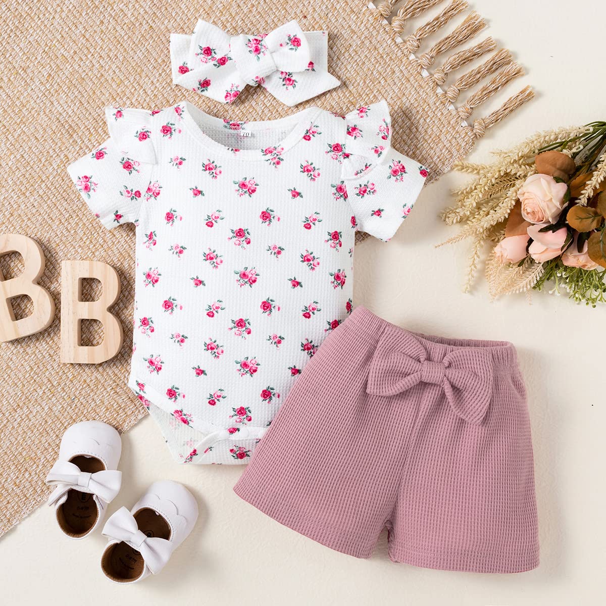 stylesilove Infant Baby Girls Floral Print Short Sleeve Bodysuit & Shorts & Headband 3pcs Set Spring Summer Romper Outfit