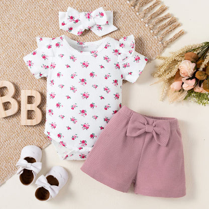 stylesilove Infant Baby Girls Floral Print Short Sleeve Bodysuit & Shorts & Headband 3pcs Set Spring Summer Romper Outfit