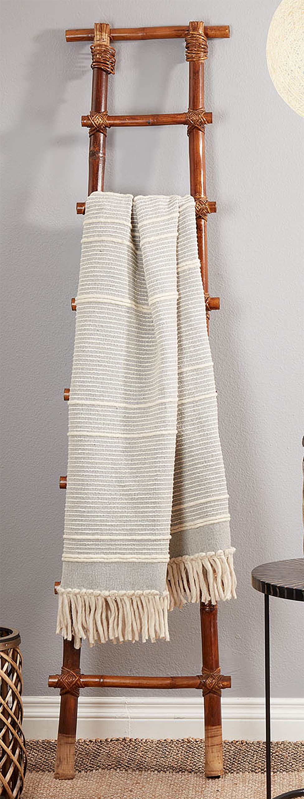 Fennco Styles Chunky Striped Throw Blanket with Tassel 50" W x 60" L - Grey Cotton Wool Woven Blanket for Couch, Bedroom, Living Room and Office Décor