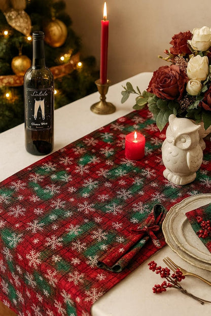 Fennco Styles Red & Green Tartan Plaid Christmas Table Runner with White Snowflakes 13" X 73" - Festive Holiday Table Cover for Christmas Décor, and Winter Festivals