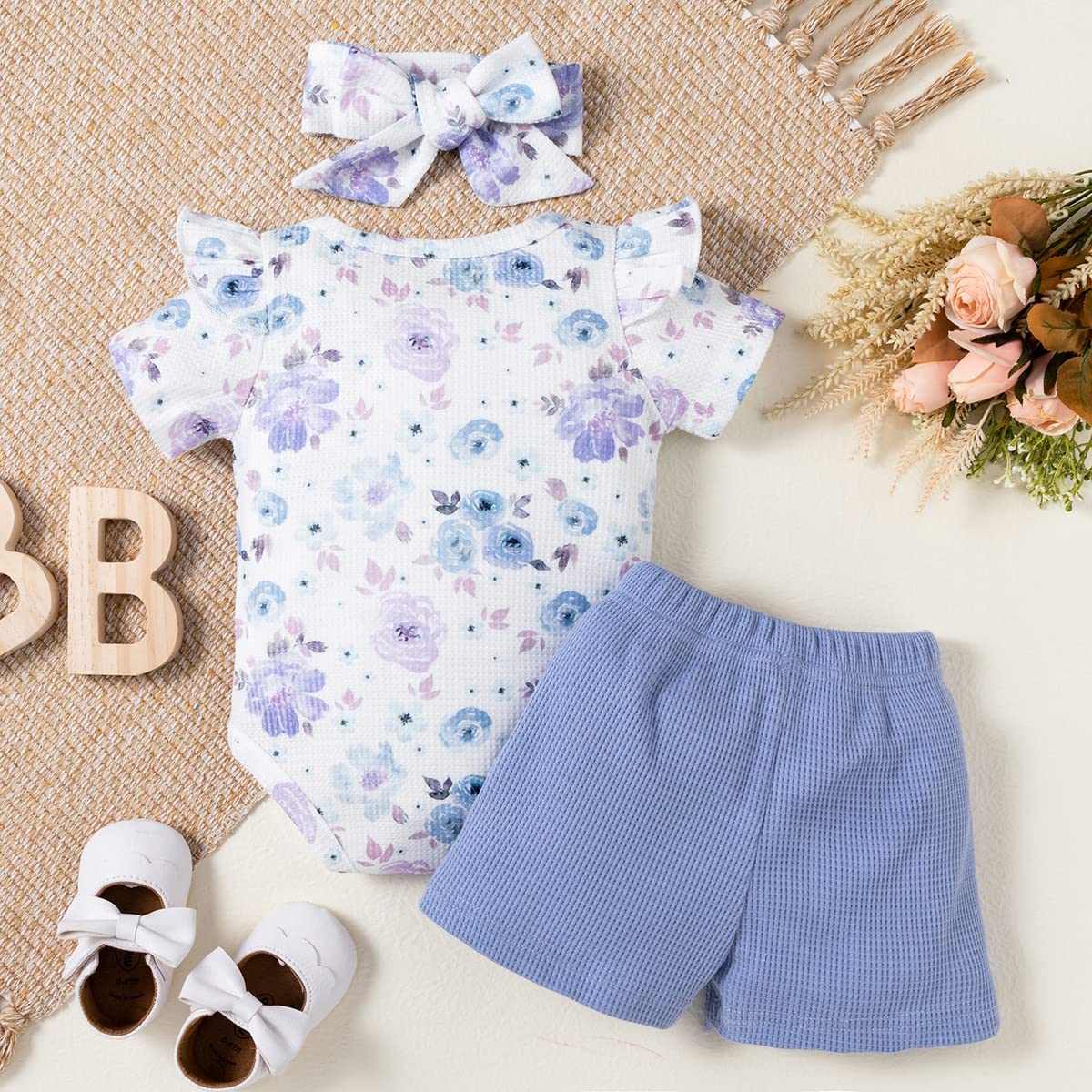 stylesilove Infant Baby Girls Floral Print Short Sleeve Bodysuit & Shorts & Headband 3pcs Set Spring Summer Romper Outfit