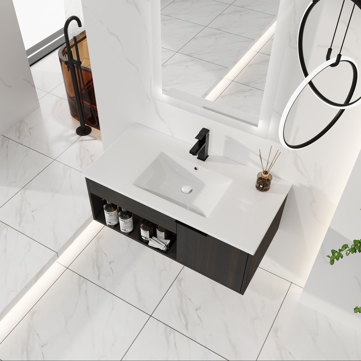Wall Mounted Floating Bathroom Vanity With Open Shelf & Soft Close Door