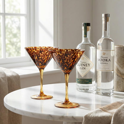 Tortoise Leopard Print Martini 9oz - Set of 2, 7.1" Spotted Borosilicate Cocktail