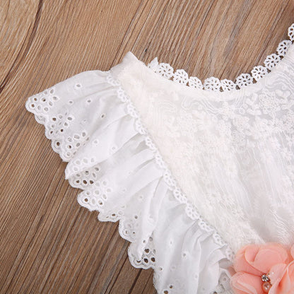 stylesilove Baby Girls Elegant White Lace Eyelet Flower Tulle Romper & Headband 2pcs Flower Girl Tutu Dress Outfit